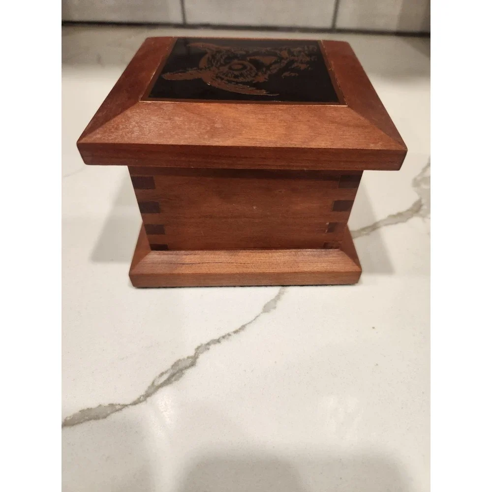 Hand Made Wood Lidded Trinket  Jewelry Box With‎ Copper Etched Horned Owl On Lid